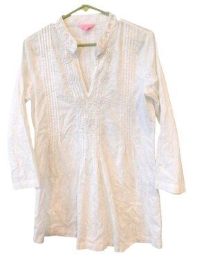 Lilly Pulitzer Sarasota Tunic Top Womens M White Embroidered Coastal Preppy READ